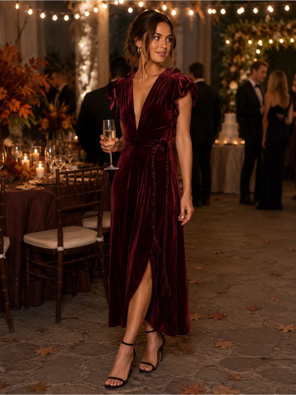 Misa LA Carolina Velvet Wrap Midi Dress sz: XS Burgundy Rope Tie Flutter Sleeve